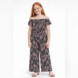 Girls Size 8 Stylish off-shoulder jumpsuit with a vibrant floral pattern.